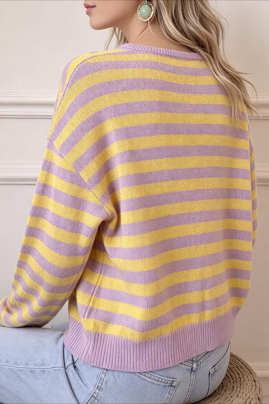 Lavender Yellow Stripe V Neck Cardigans