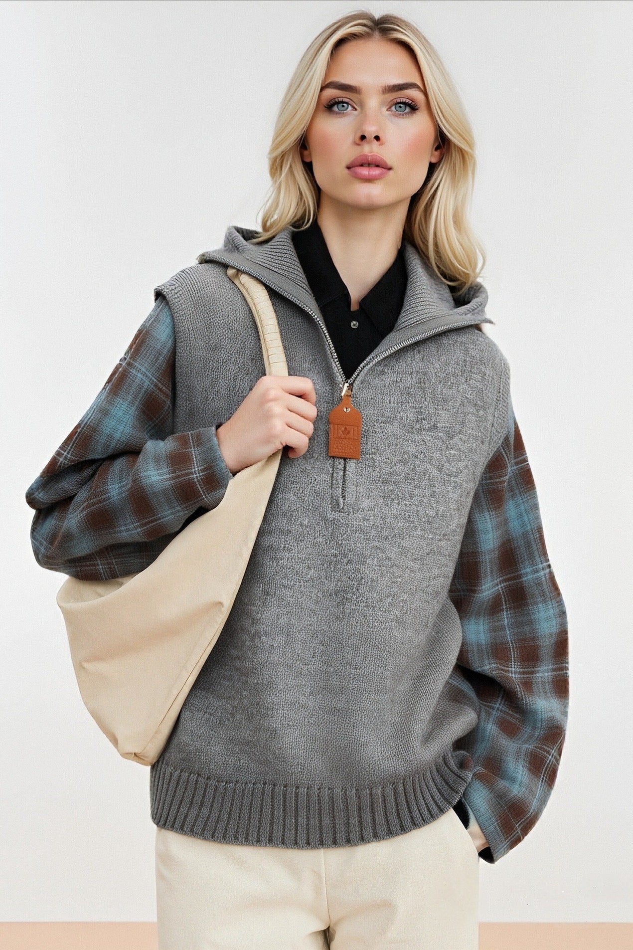 Fake Two Piece Plaid Contrast Half Zip Collared Sweater