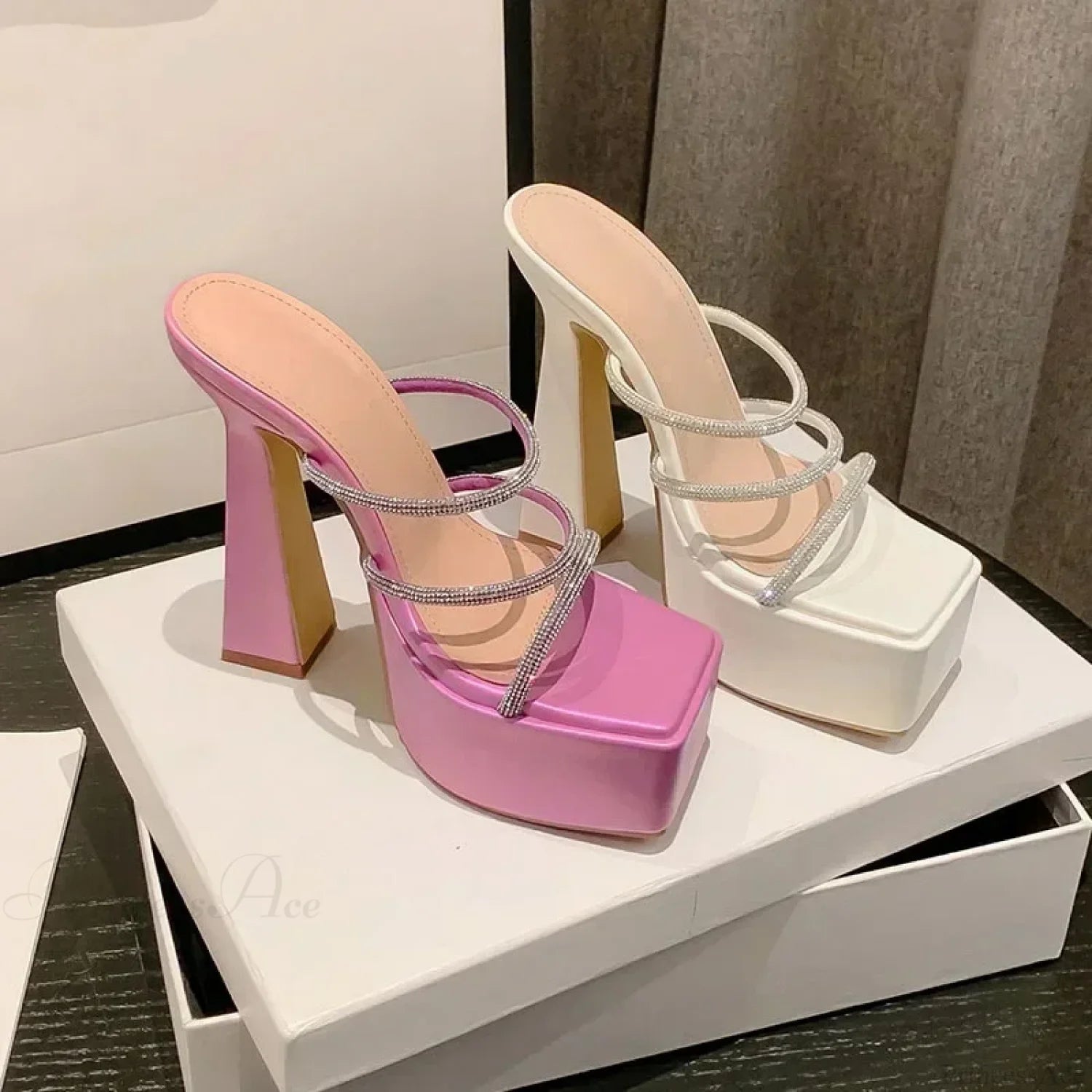 5Cm Platform Sandals 2024 Hot Sexy Narrow Band Diamond Peep Toe 15Cm Thick High Heel Slipper Mules