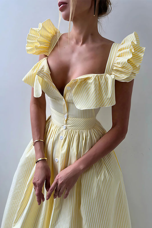 Gestreiftes Midikleid mit Rüschen und eckigem Kragen