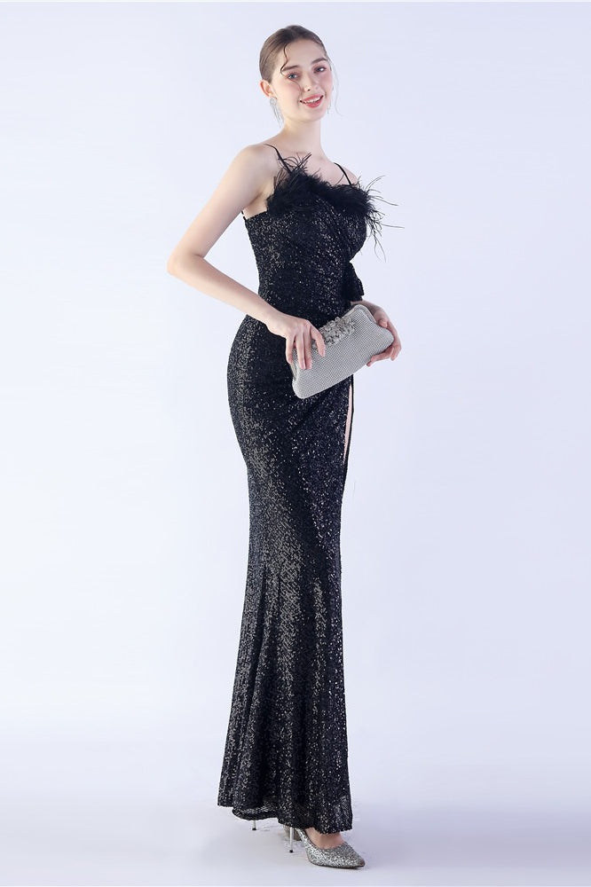 Ostrich Feather Embellished Maxi Dress Black / S