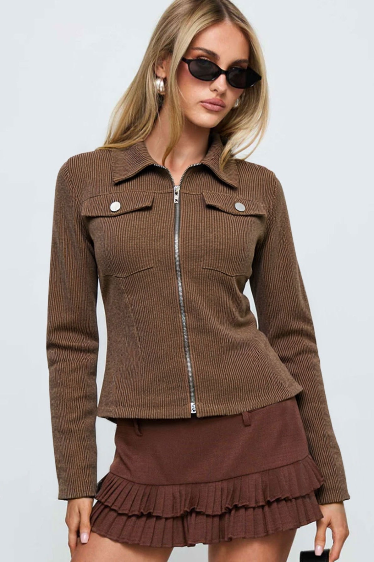 Vintage Dark Brown Street Slim-Fit Y2K Utility Jacket