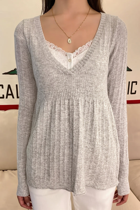 Lace Insert V Neck Relaxed Sweater
