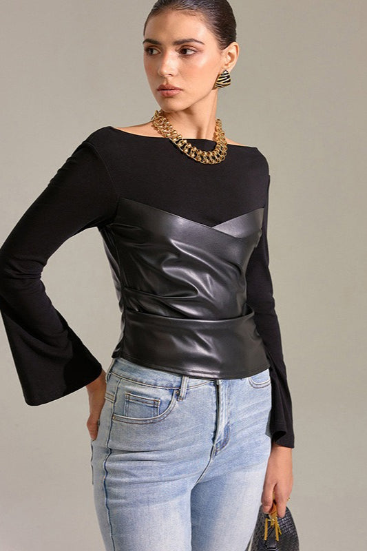 Bell-Sleeve Faux Leather Trim Solid Knit Top