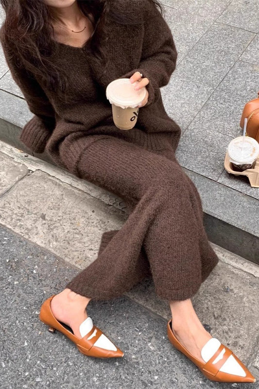 Zweiteiliges Set aus lässigem V-Ausschnitt-Strickpullover und Meerjungfrauenrock