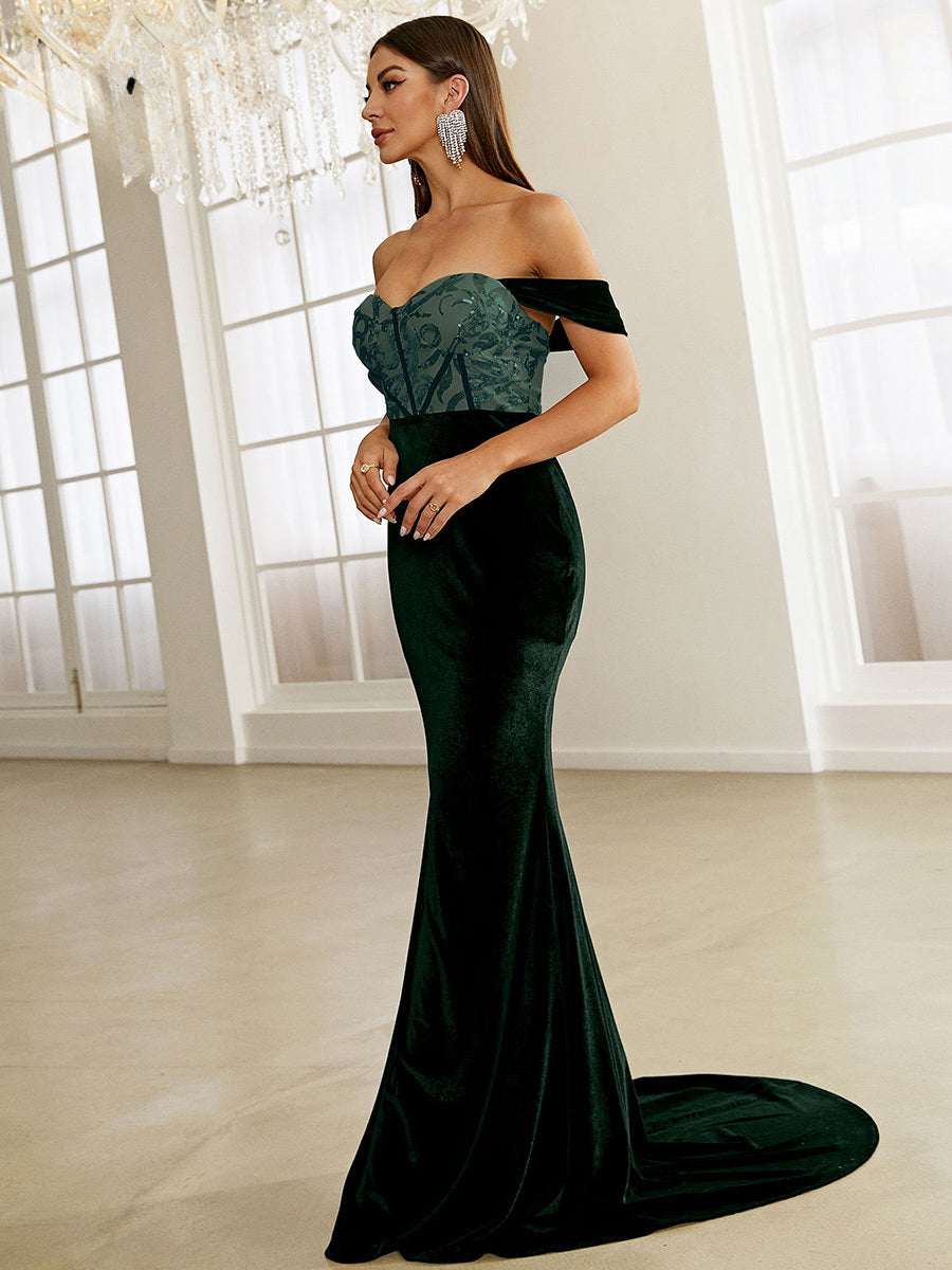 Green Velvet Evening Dress Elegant Off Shoulder Sequin Bodycon Maxi Christmas Party Dresses-L
