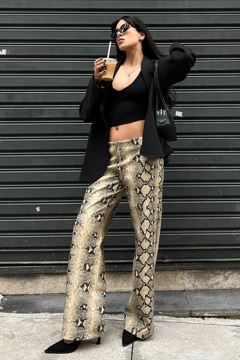 Snake Print Straight Stylish Versatile Jeans Brown / S