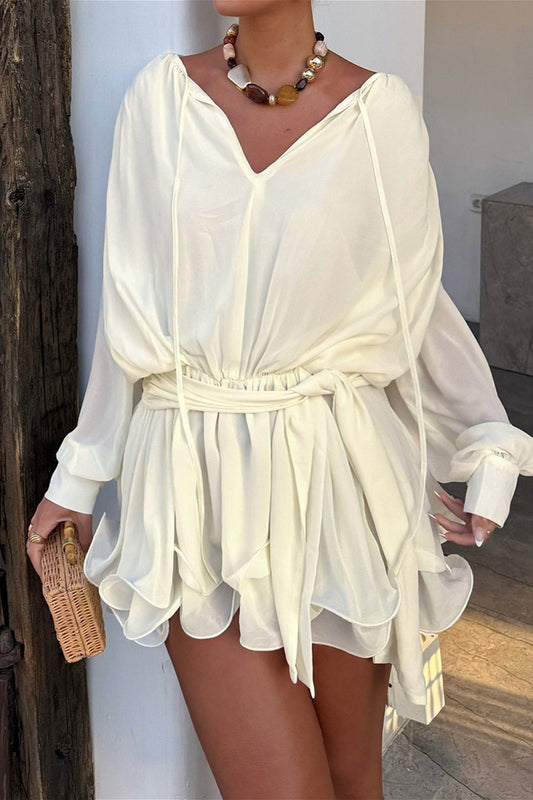 Balloon Sleeve Tie Waist Ruffle Mini Dress