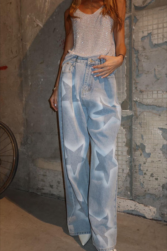 Star Print Loose Straight Waist Adjuster Jeans Blue / S