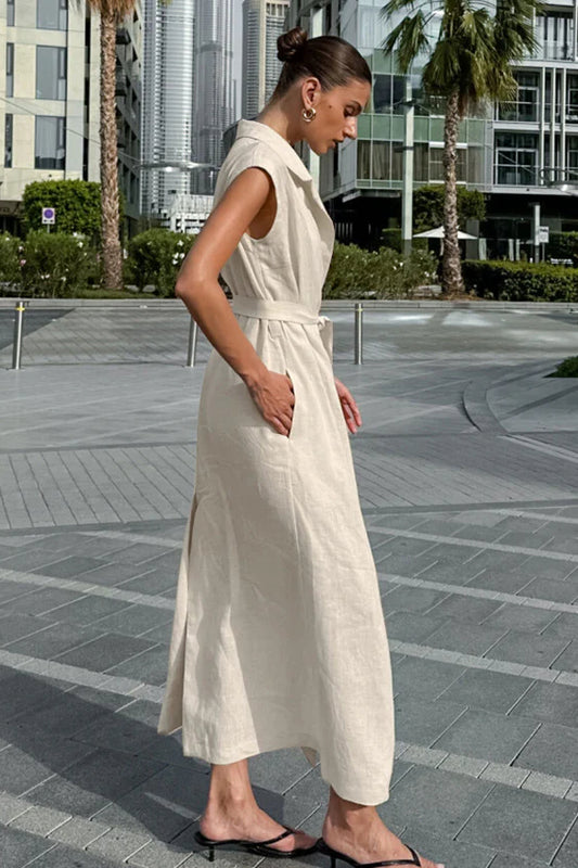 Khakifarbenes Maxi-Hemdkleid aus Baumwollleinen mit Gürtel