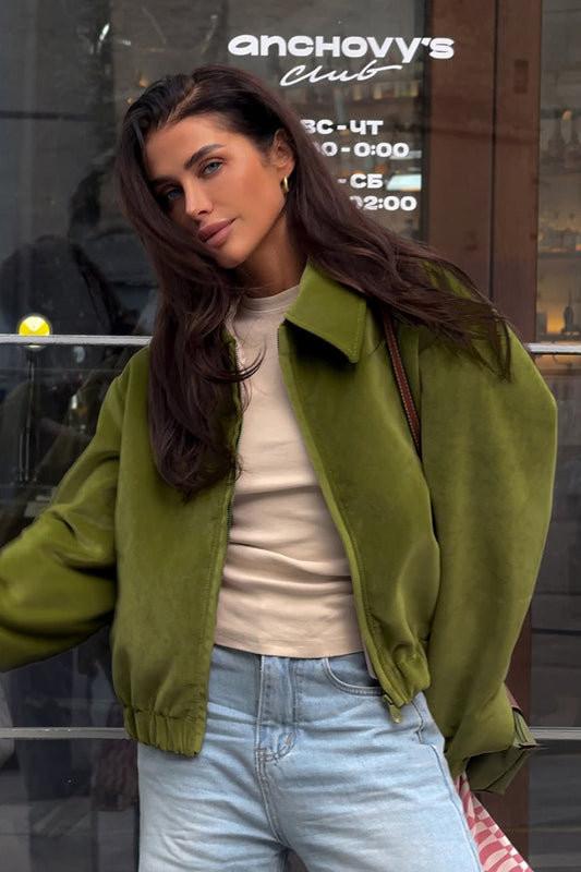 Velvet Turn Down Collar Zip Jacket