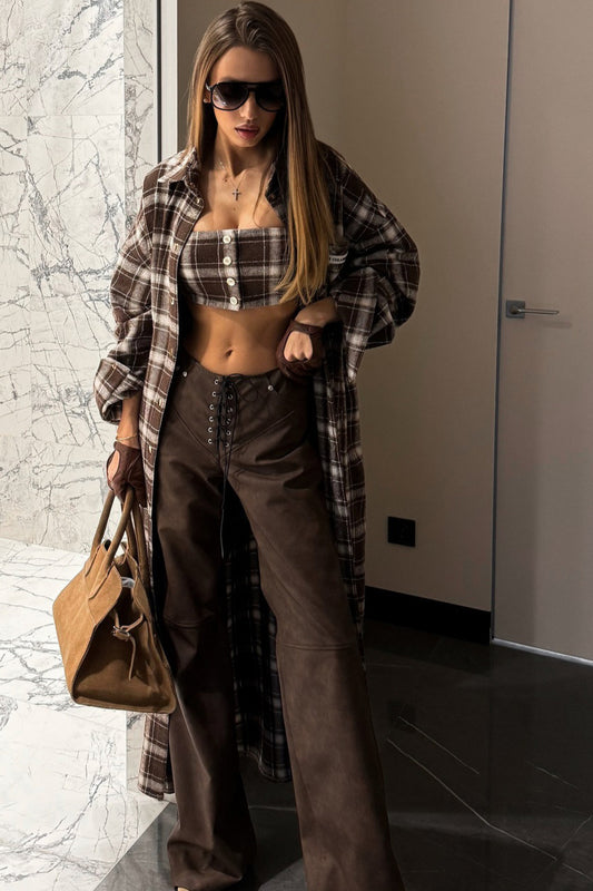 Designer-Karo-langes Oversize-Hemdmantel in Knielänge