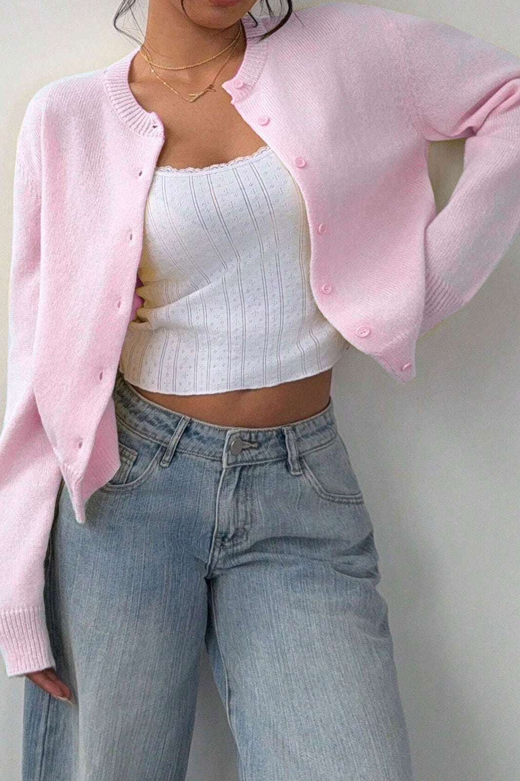 Lightweight Round Neck Button Cardigan