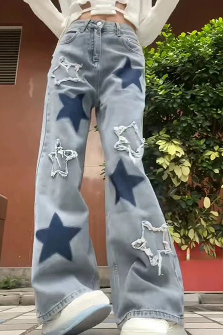 Vintage Star Print Wide Leg Jeans