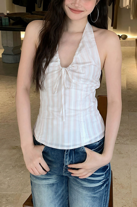 Vintage Striped Backless Tie Halter Top