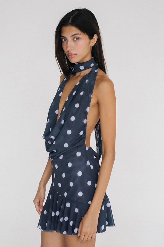 Rückenfreies Minikleid aus Netzstoff mit Polka Dots und Neckholder