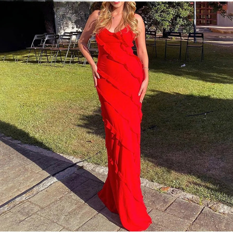 Elegant Ruffles Chiffon Backless Split Maxi Red Christmas Party Dress Dresses-L