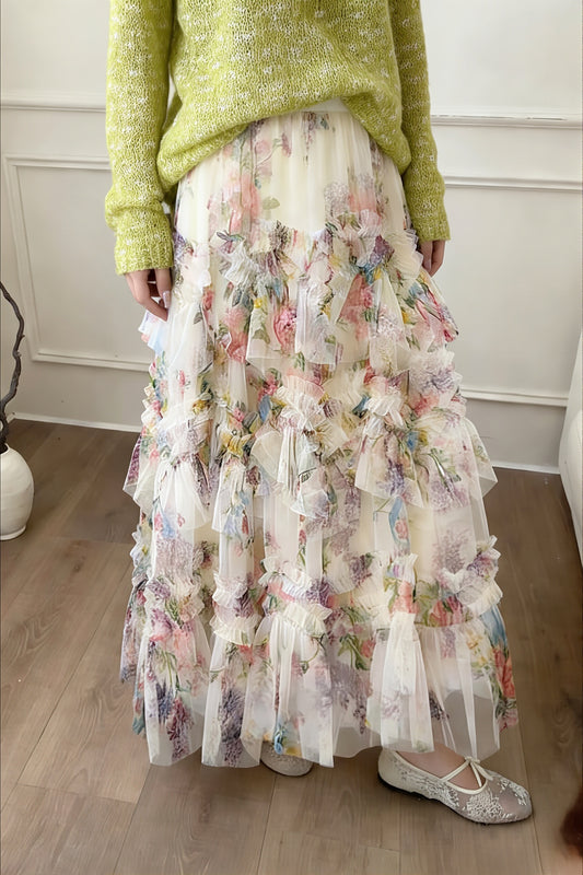 Floral Tulle Tiered Maxi Skirt