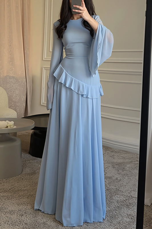 Ruffle Waist Flared Sleeve Maxi Dress