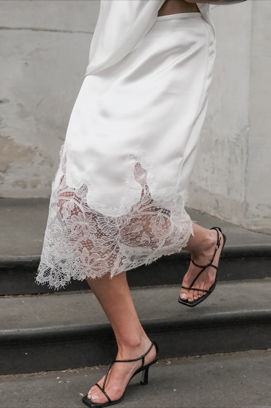 Scalloped Lace-Hem Satin Midi Skirt