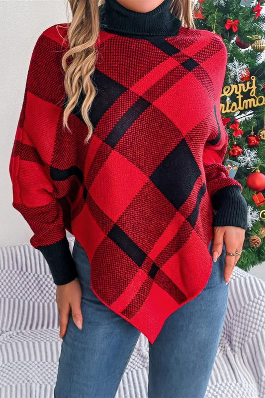Karopullover mit kontrastfarbenem Rollkragenpullover