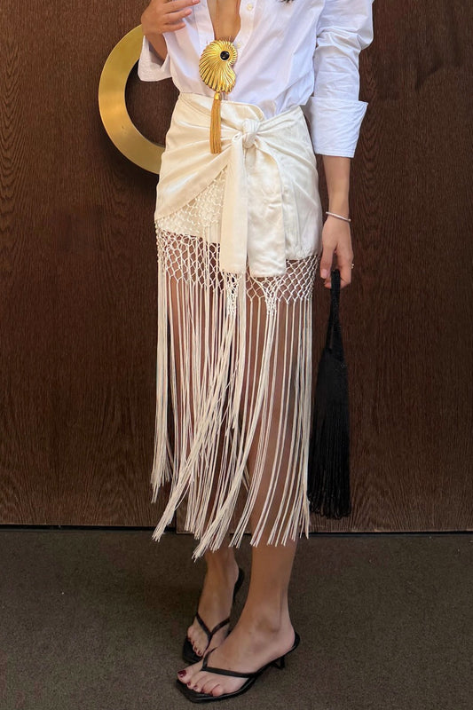 Tied Fringe Mesh Wrap Skirt