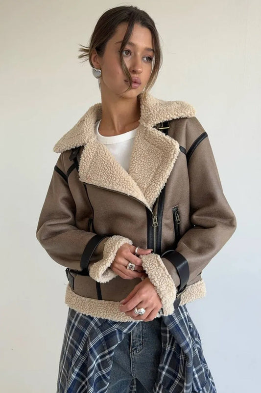 Vintage Patchwork Faux Wildleder Revers Langer Mantel