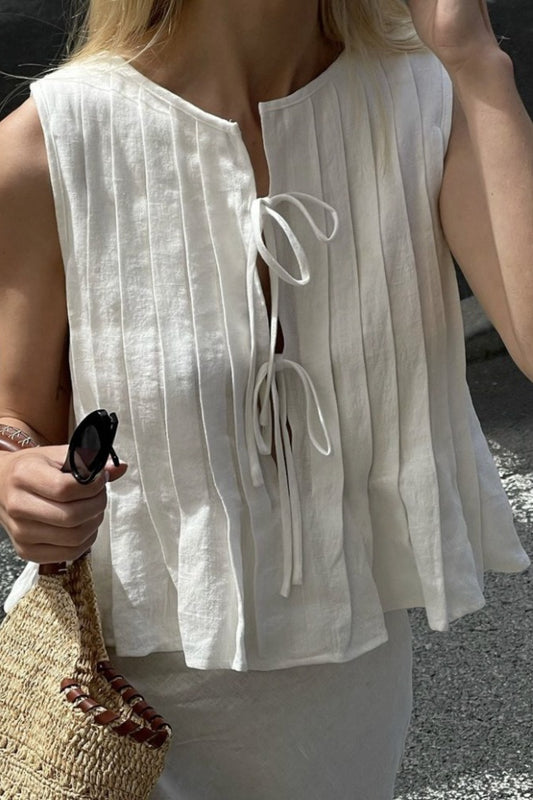 Solid Ruffled Tie Linen Cotton Shirt Tank Top