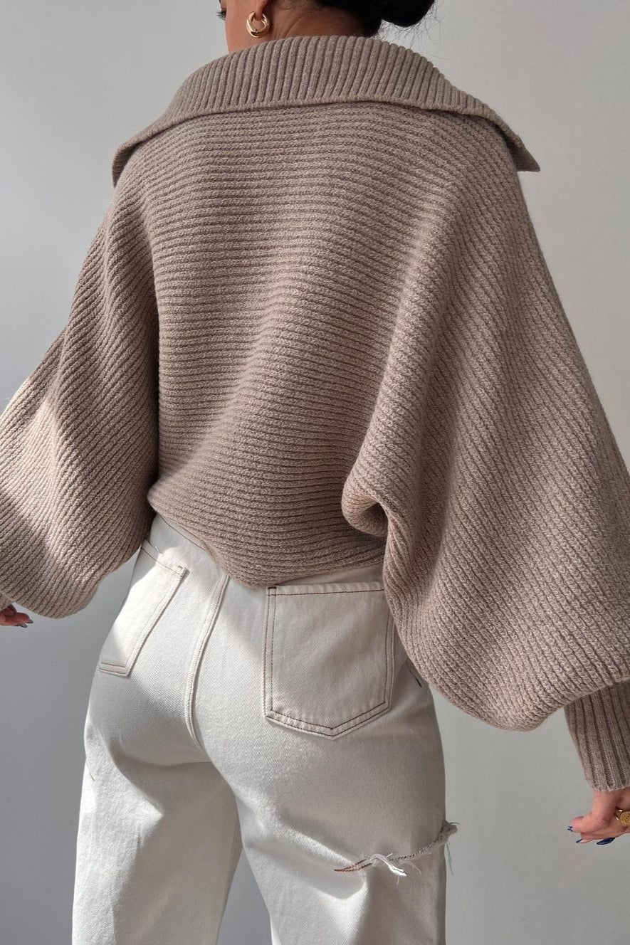 Lantern Sleeve Open Collar Knit Sweater
