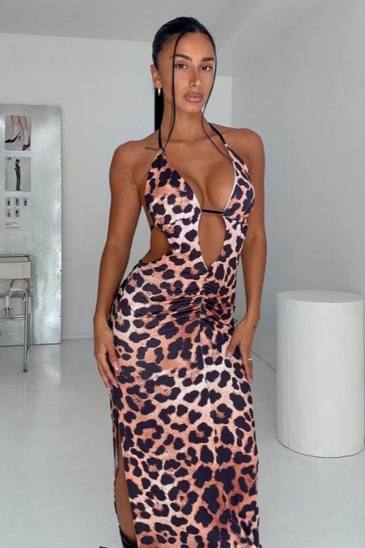Sexy rückenfreies Maxikleid mit Leopardenmuster und hoher Taille
