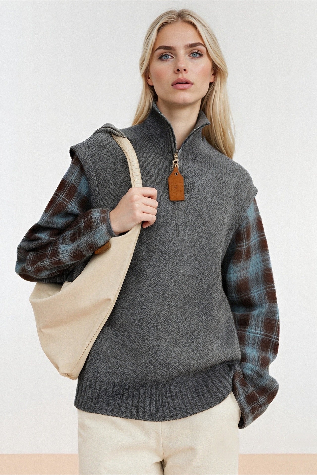 Fake Two Piece Plaid Contrast Half Zip Collared Sweater