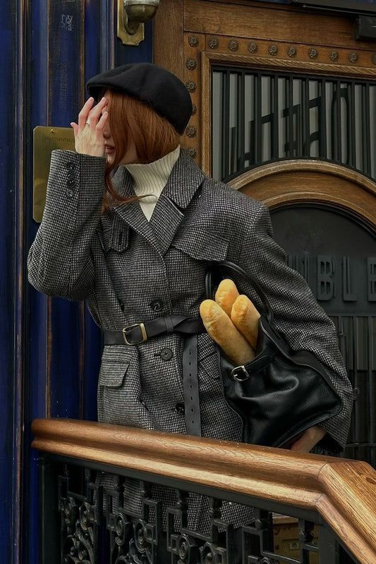 Hahnentrittmuster-Woll-Doppelreiher-Midlong-Trenchcoat