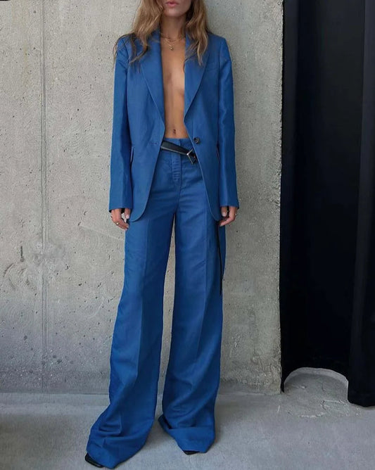 Blaues, weites Büro-Zweiteiler-Set aus Baumwolle mit einem Knopf