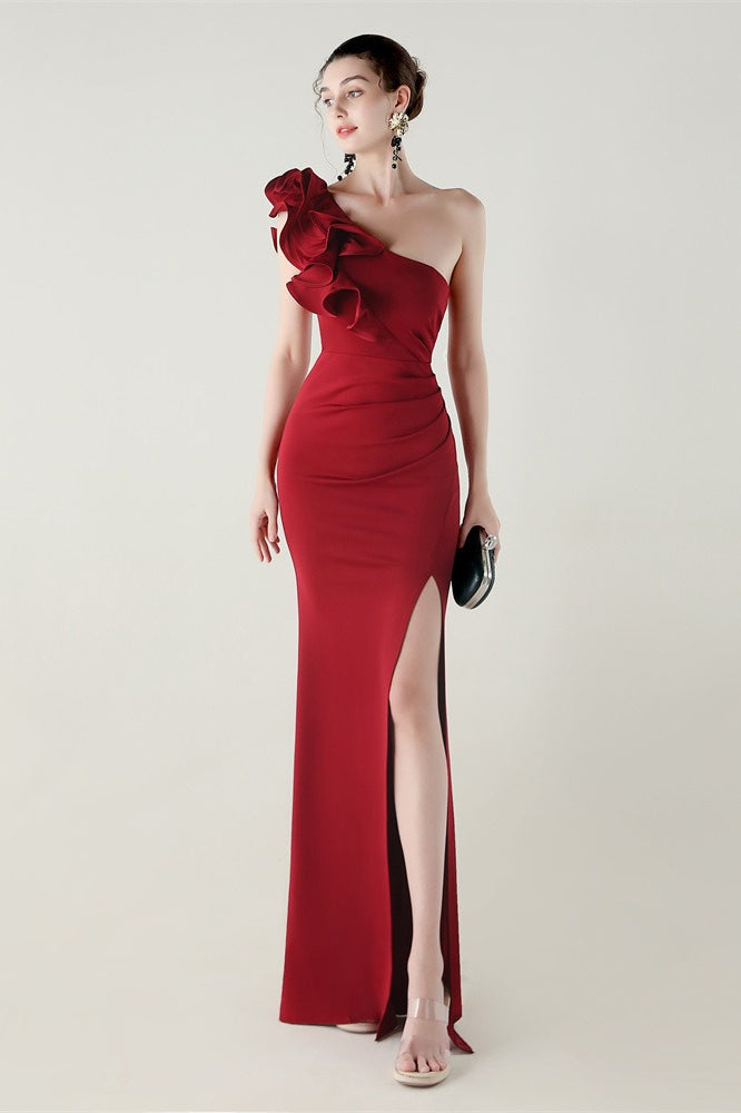 Ruffled Floral One Shoulder Satin Party Dress