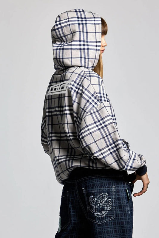 Karierter Kapuzenpullover mit Reißverschluss im Y2K-Stil