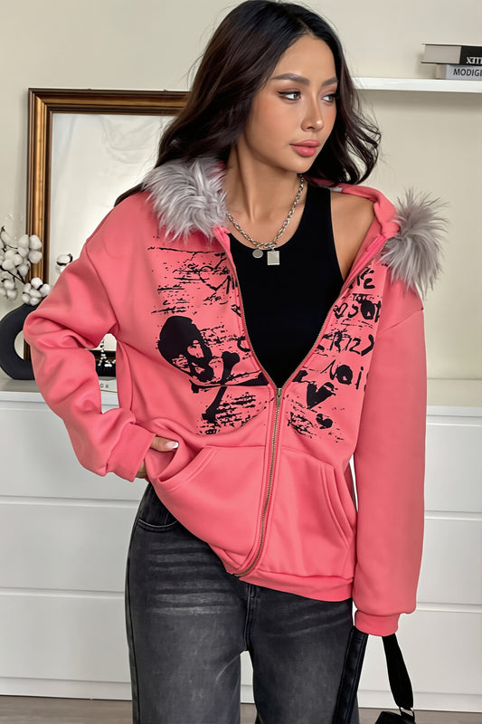 Street Graphic Faux Fur Trim Zip Hoodie