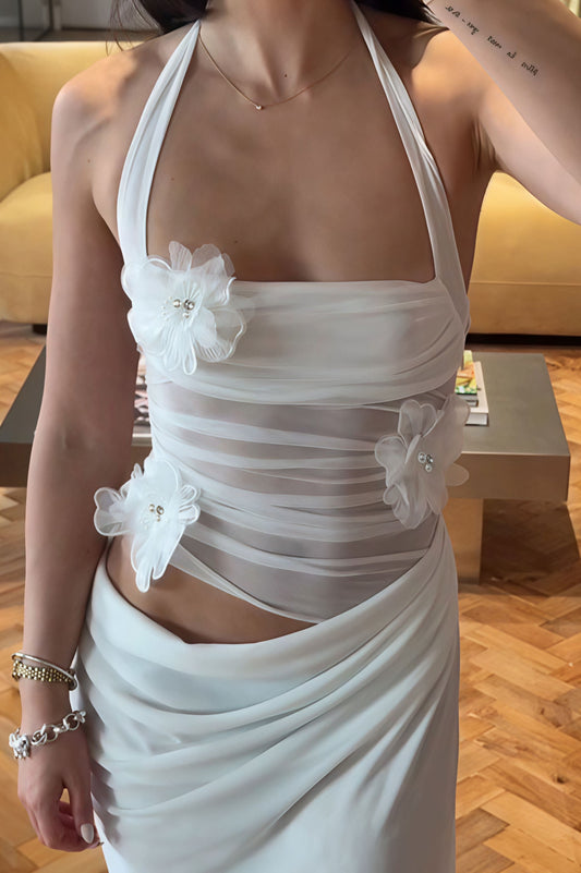 3D Floral Patchwork Halter Slim Cutout Waist Maxi Dress