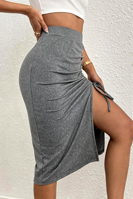 Ruched Drawstring Slit Midi Skirt