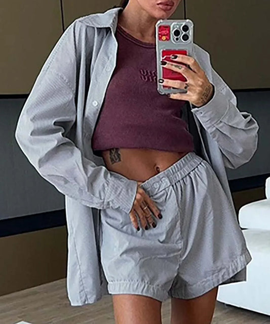 Grau bedrucktes, einreihiges Büro-Zweiteiler-Set mit Shorts