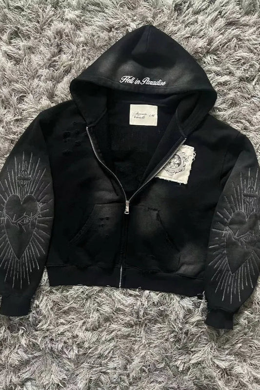 Kapuzenpullover mit Reißverschluss und Buchstabenstickerei 