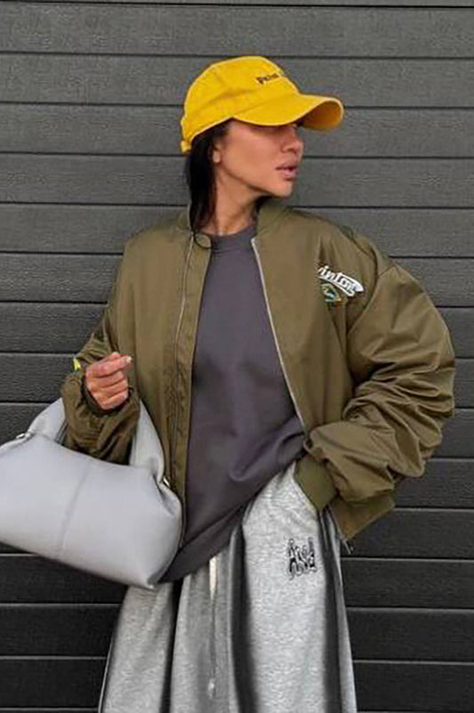Embroidered Loose Bomber Long Sleeve High End Green Jacket