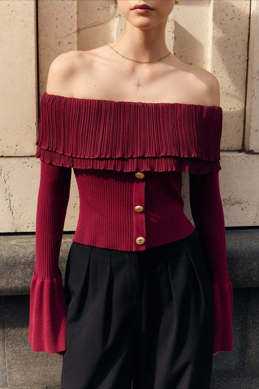 Langarmshirt mit Einsätzen, Raffungen, Knöpfen und schulterfreiem Ausschnitt