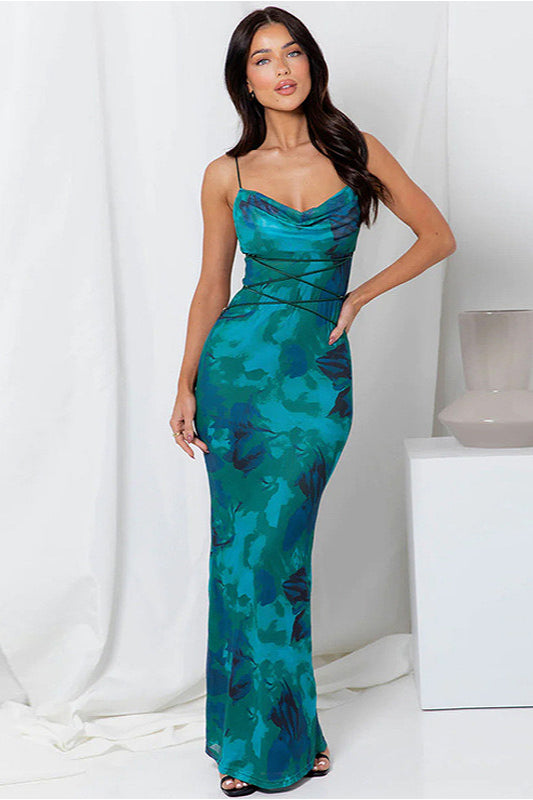 Rückenfreies, figurbetontes Kleid mit Schnürung, Spaghettiträgern und Blumenmuster