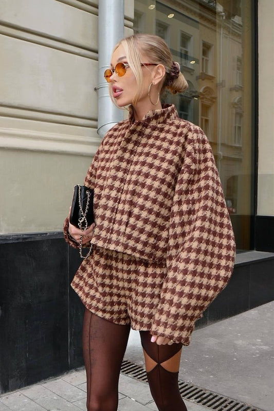 Vintage Hahnentrittmuster Reißverschlussjacke und Shorts Zweiteiliges Set