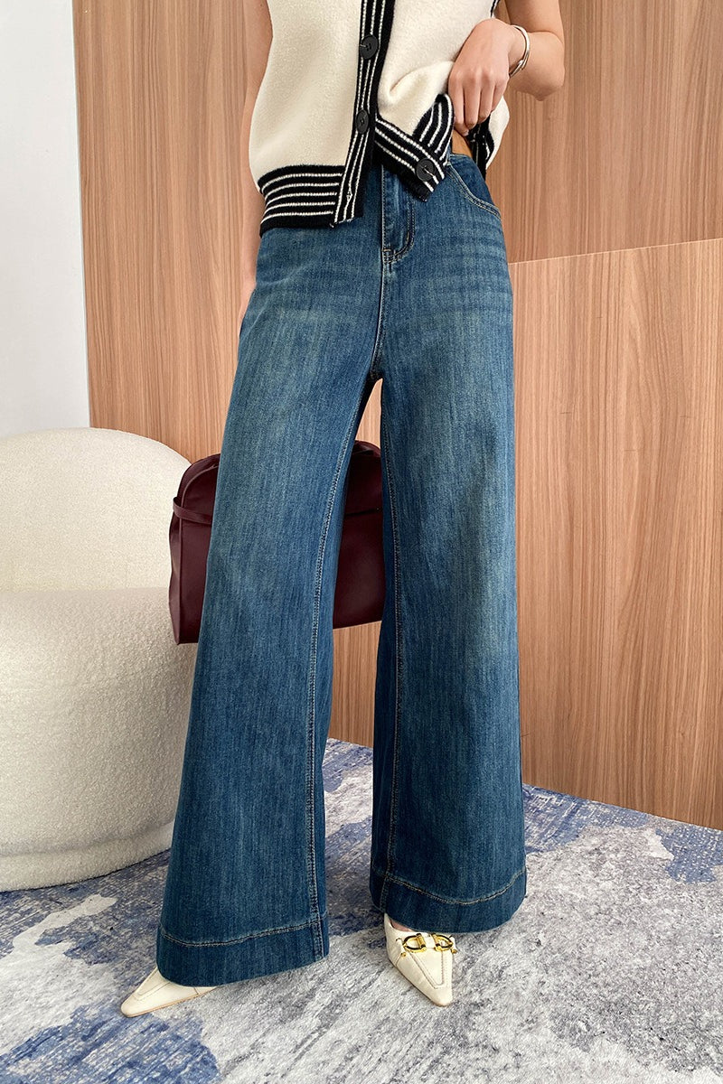Washed High Waist Slimming Bootcut Loose Jeans Dark blue / S
