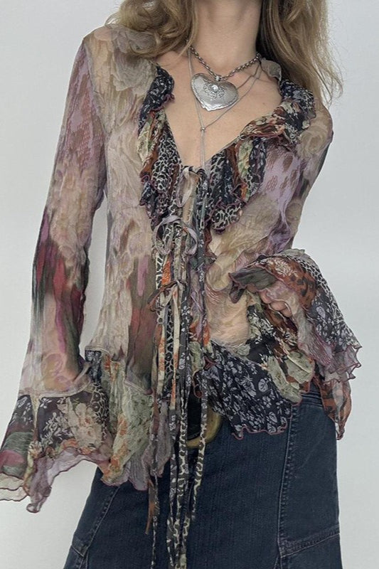 Bluse mit kontrastierendem Netzstoff im Vintage-Print zum Binden