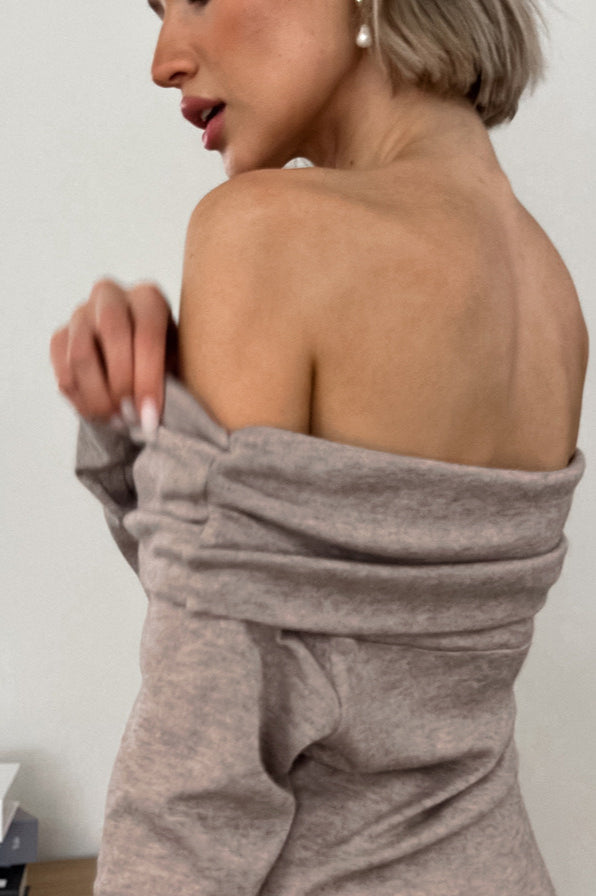 Khaki Off Shoulder Slim Knit Long Sleeve Tee