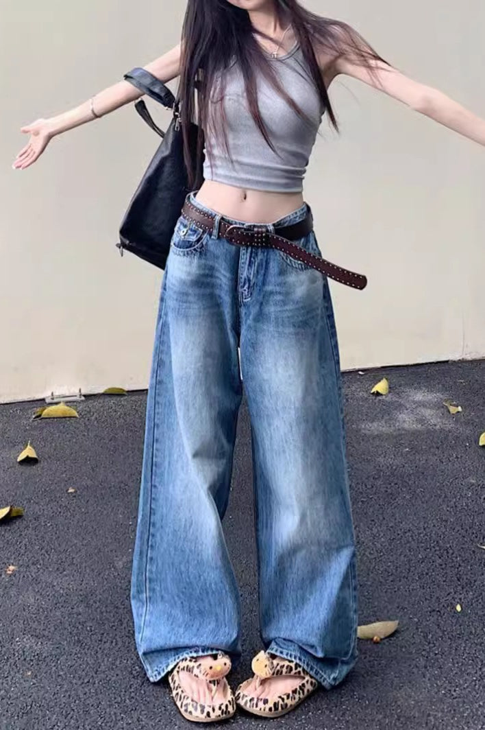 Washed High-Waisted Relaxed Straight Wide-Leg Jeans