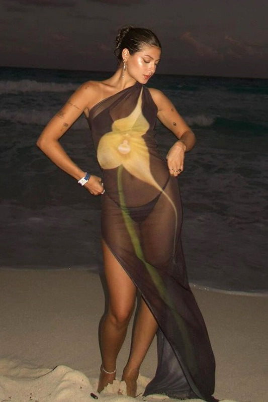 Sexy Maxikleid mit One-Shoulder-Träger und Blumenmuster