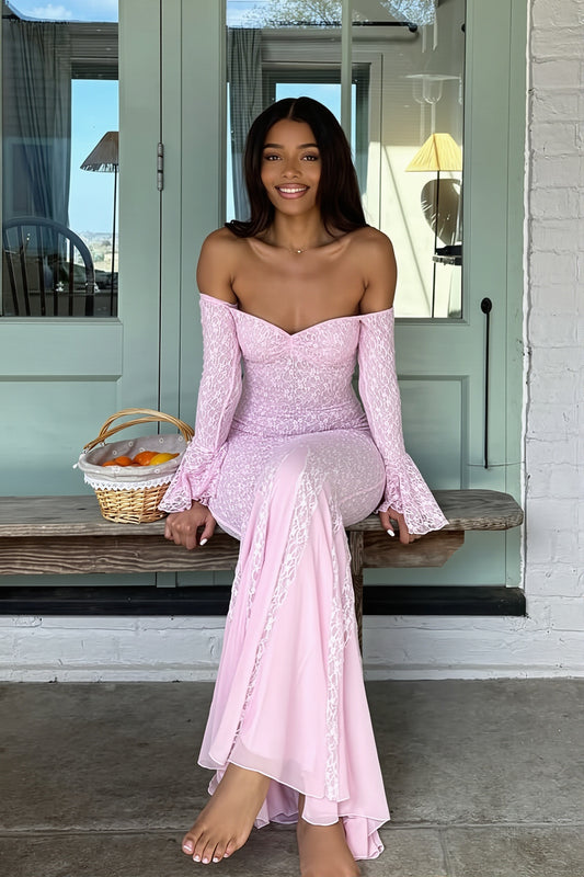 Lace Off Shoulder Bell Sleeve Maxi Dress